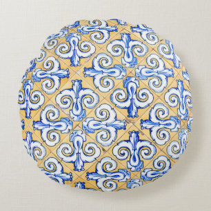 Coussins Ronds Carreaux espagnols - Azulejo Bleu, Jaune et Blanc