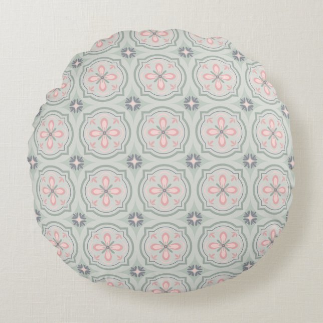 Coussins Ronds Carreaux Floraux Pastel Verts (Devant)