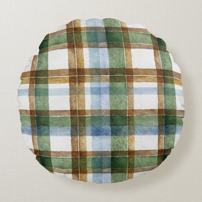 Coussins Ronds Carreaux Vert Marron Bleu Rayures (Devant)