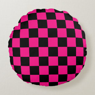 Coussins Ronds Carrés à carreaux rose vif noir géométrique rétro