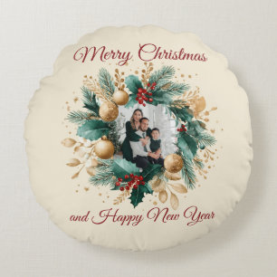 Coussins Ronds Carte de Noël personnalisée avec couronne de Noël
