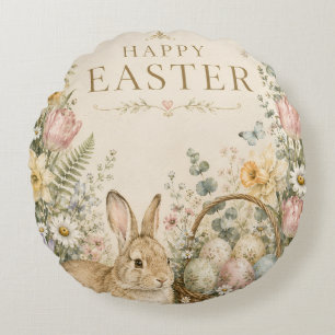 Coussins Ronds Carte de vœux de Pâques élégante, style porcelaine