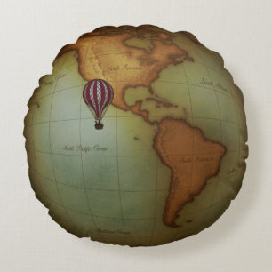 Coussins Ronds Carte du monde Steampunk avec Airship & Hot Air Ba