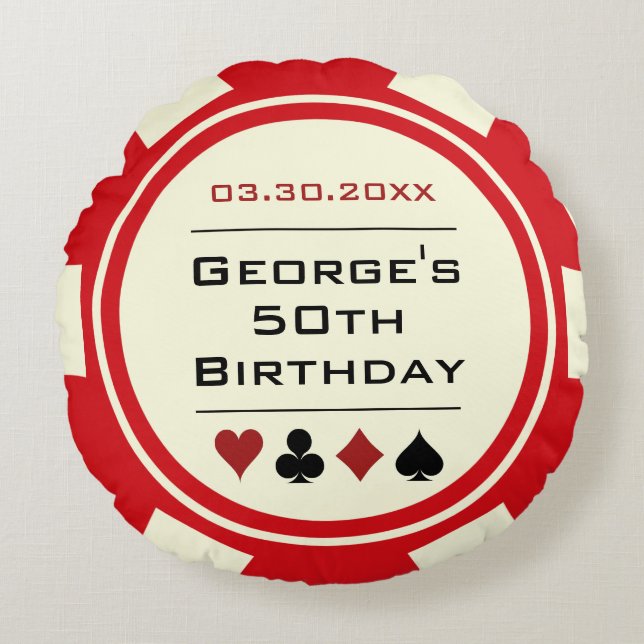 Coussins Ronds Casino Poker Chip Rouge et crème Anniversaire (Devant)