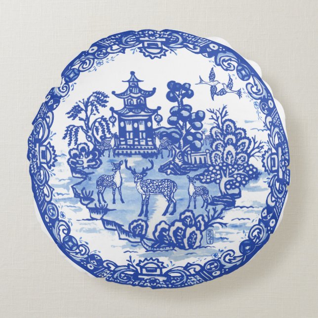 Coussins Ronds Casserole de cerfs de saule bleu Pagode antique Ph (Devant)