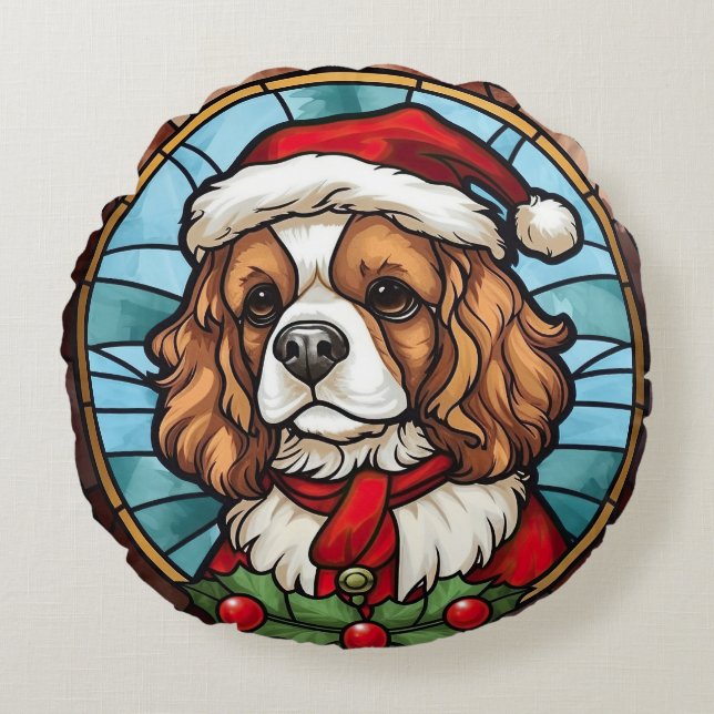 Coussins Ronds Cavalier King Charles Spaniel Verre Noël (Devant)