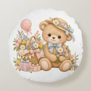 Coussins Ronds Célébration de nounours vintage avec des fleurs sa