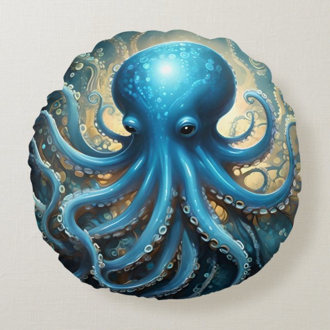 Coussins Ronds Celestial Waves: The Blue Octopus Fractal Art (Devant)