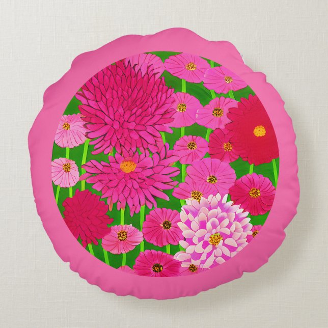 Coussins Ronds Cercle de fleurs, Chrysanthèmes rose Fuchsia (Dos)