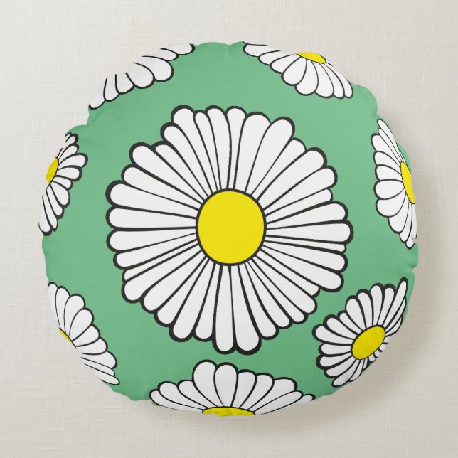Coussins Ronds Cercle de pâquerettes sur fond vert (Devant)