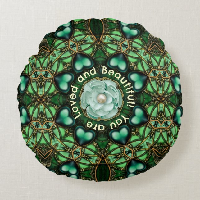 Coussins Ronds Cercle vert d'amour et d'affirmations (Devant)