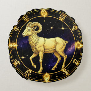Coussins Ronds Cercle Zodiacal du Bélier Doré avec Bélier