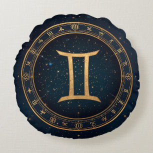 Coussins Ronds Cercle Zodiacal Gémeaux Dorés avec Nuit Étoilée