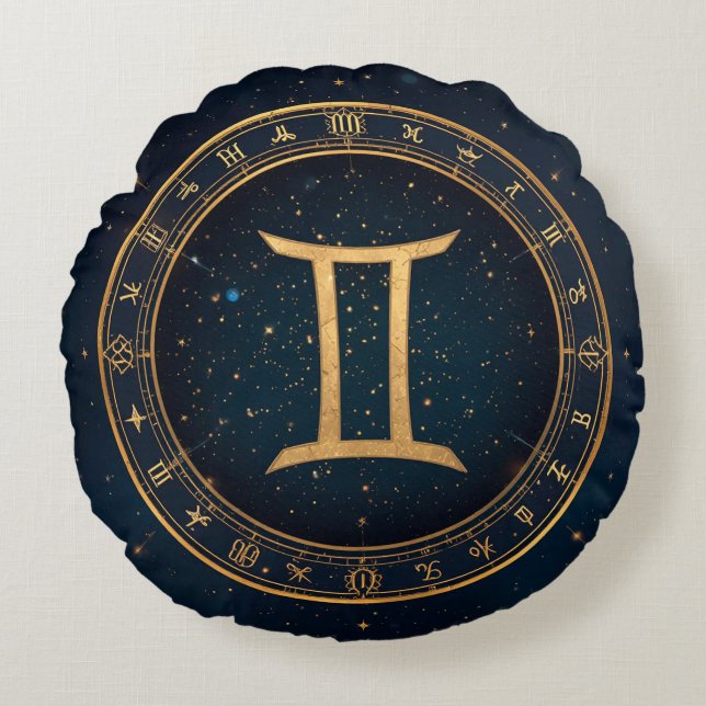 Coussins Ronds Cercle Zodiacal Gémeaux Dorés avec Nuit Étoilée (Devant)