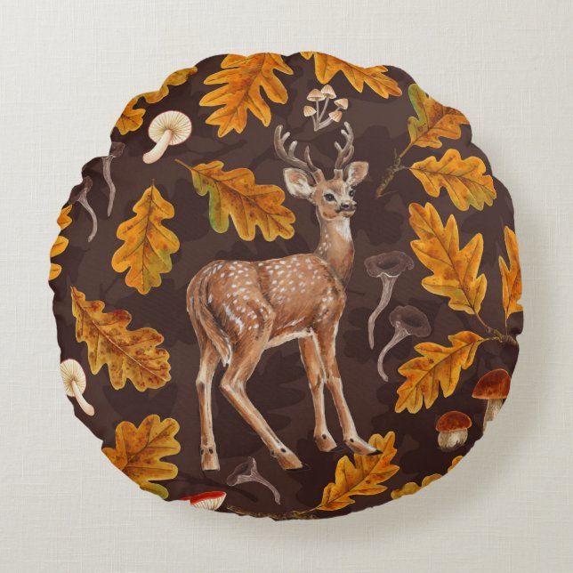 Coussins Ronds Cerf dans la forêt automnale 2 (Devant)