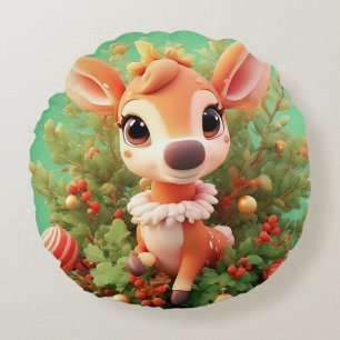 Coussins Ronds Cerf de dessin animé adorable dans un Noël festif