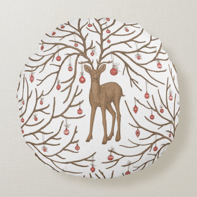 Coussins Ronds Cerf de Noël sur fond blanc (Devant)
