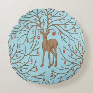 Coussins Ronds Cerf de Noël sur fond bleu
