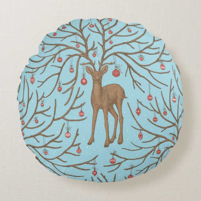 Coussins Ronds Cerf de Noël sur fond bleu (Devant)