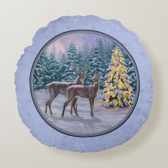 Coussins Ronds Cerf et arbre de Noël Bleu d'hiver (Devant)