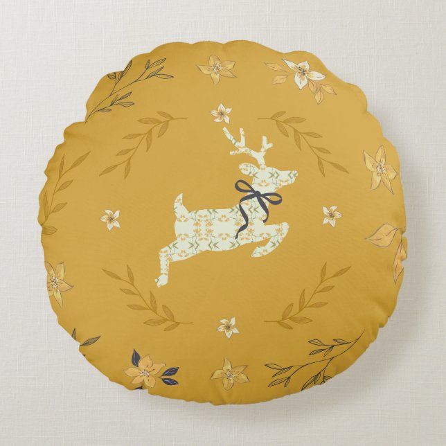 Coussins Ronds Cerf Floral Jaune de Noël (Devant)