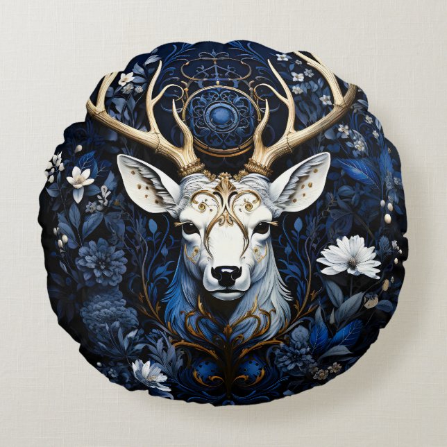 Coussins Ronds Cerf gothique floral céleste de minuit  (Devant)