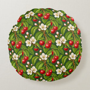 Coussins Ronds Cerises rouges botaniques et fleurs blanches