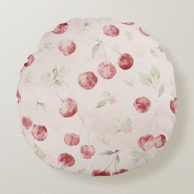 Coussins Ronds Cerises Rouges Rayures Crème (Devant)