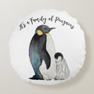 Coussins Ronds C'est une famille de pingouins en aquarelle