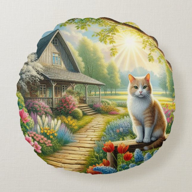 Coussins Ronds Chalet de printemps/jardin & chat (Devant)