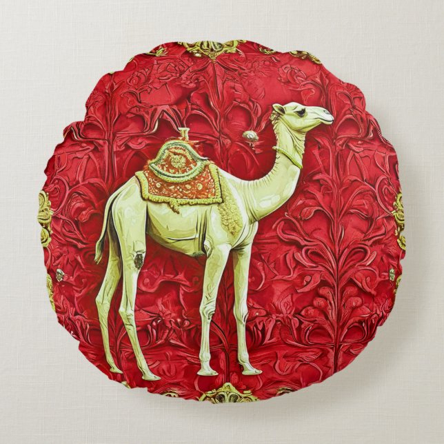 Coussins Ronds Chameau sur fond rouge (Devant)