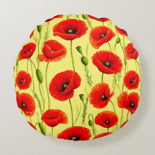 Coussins Ronds Champ de Coquelicots Rouges avec Motif de Tige de