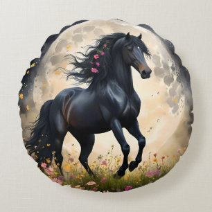 Coussins Ronds Champ de fleur de lune de cheval noir,