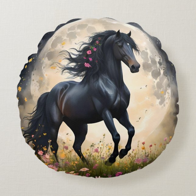 Coussins Ronds Champ de fleur de lune de cheval noir, (Devant)