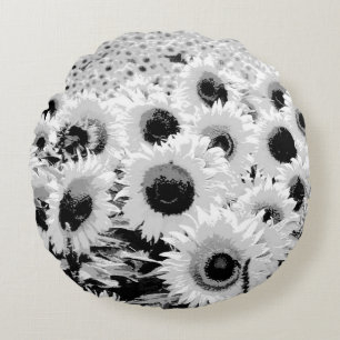 Coussins Ronds Champ de tournesol - noir, blanc et gris