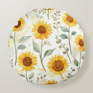 Coussins Ronds Champ de Tournesols Peinture Aquarelle Floral Jaun