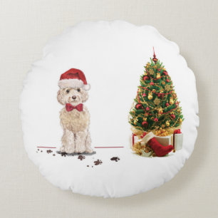 Coussins Ronds Champagne Cockapoo Drôle chien de Noël avec arbre