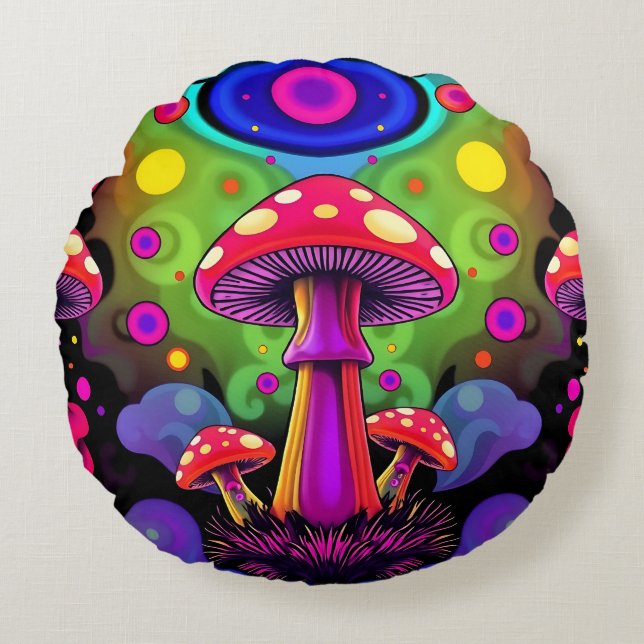 Coussins Ronds Champignons Rétro Colorés Vibrants Psychedéliques (Devant)