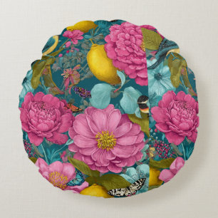 Coussins Ronds Chanson tropicale Paeonie rose & Citron Sans coutu