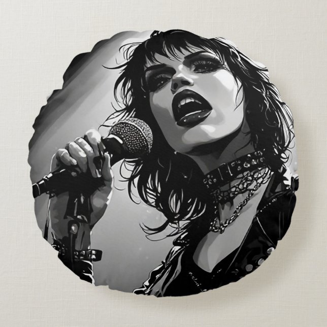 Coussins Ronds Chanteuse goth punk de style BD BW 50s (Devant)