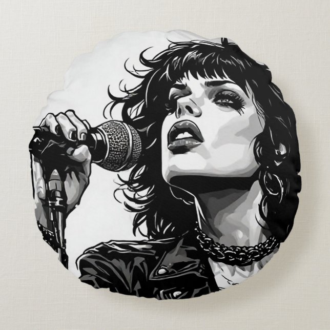 Coussins Ronds Chanteuse goth punk fille graphique rétro BD noir  (Devant)