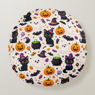 Coussins Ronds Chapeaux de sorcière et motifs de chats pour Hallo