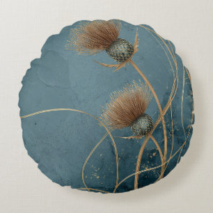 Coussins Ronds Chardon Doré Bleu Canard Texture Élégance