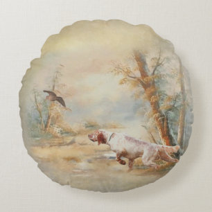 Coussins Ronds Chasse à la bécasse avec setter anglais en forêt,