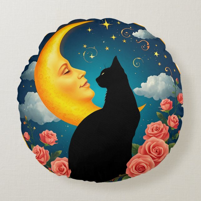 Coussins Ronds Chat assis devant la lune avec des roses et un cie (Devant)