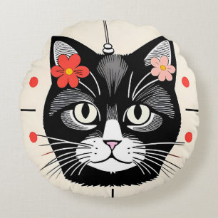 Coussins Ronds Chat avec des fleurs colorées et des éléments grap