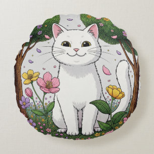 Coussins Ronds Chat blanc dans un jardin coloré