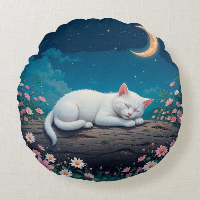 Coussins Ronds Chat Blanc Endormi Paisiblement sur un Tronc (Devant)