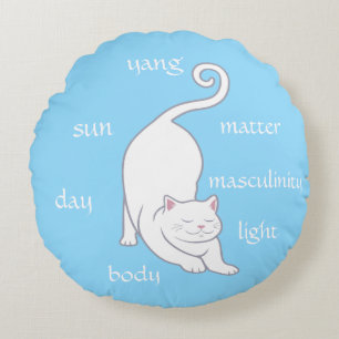 Coussins Ronds Chat blanc Kitty Yoga et texte modifiable sur turq