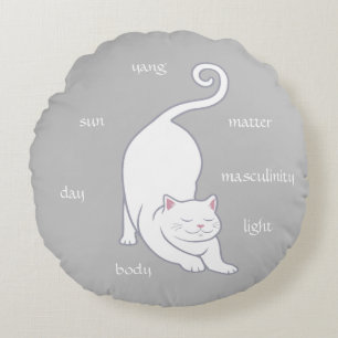 Coussins Ronds Chat blanc kitty yoga et texte sur gris argenté